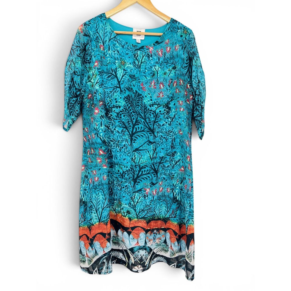 Vicky and Lucas Teal Botanical Print Shift Dress Womens Large Short Sleeve Mini